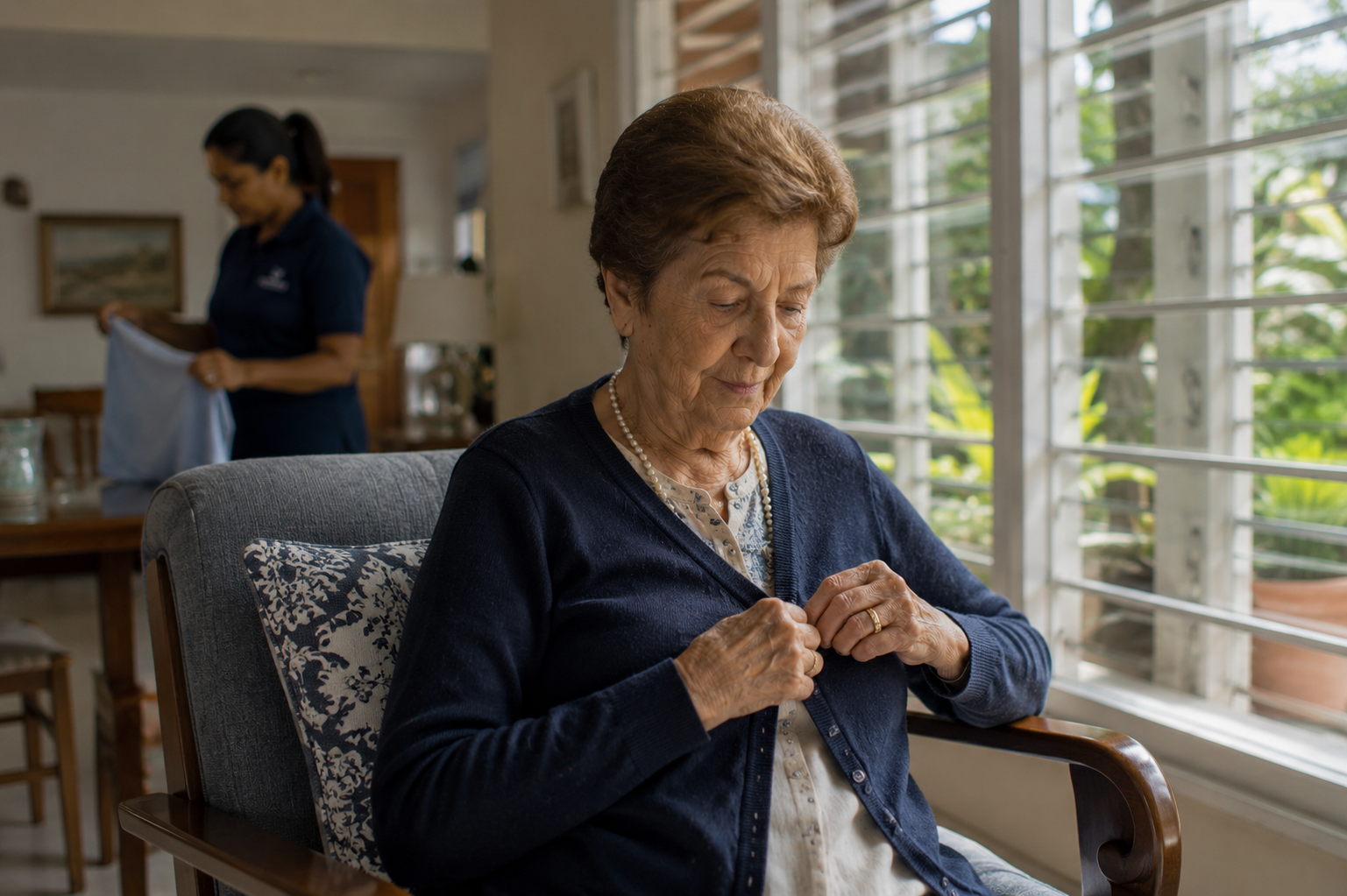 An elderly woman dressed and comfortable in her chair by the window after morning care