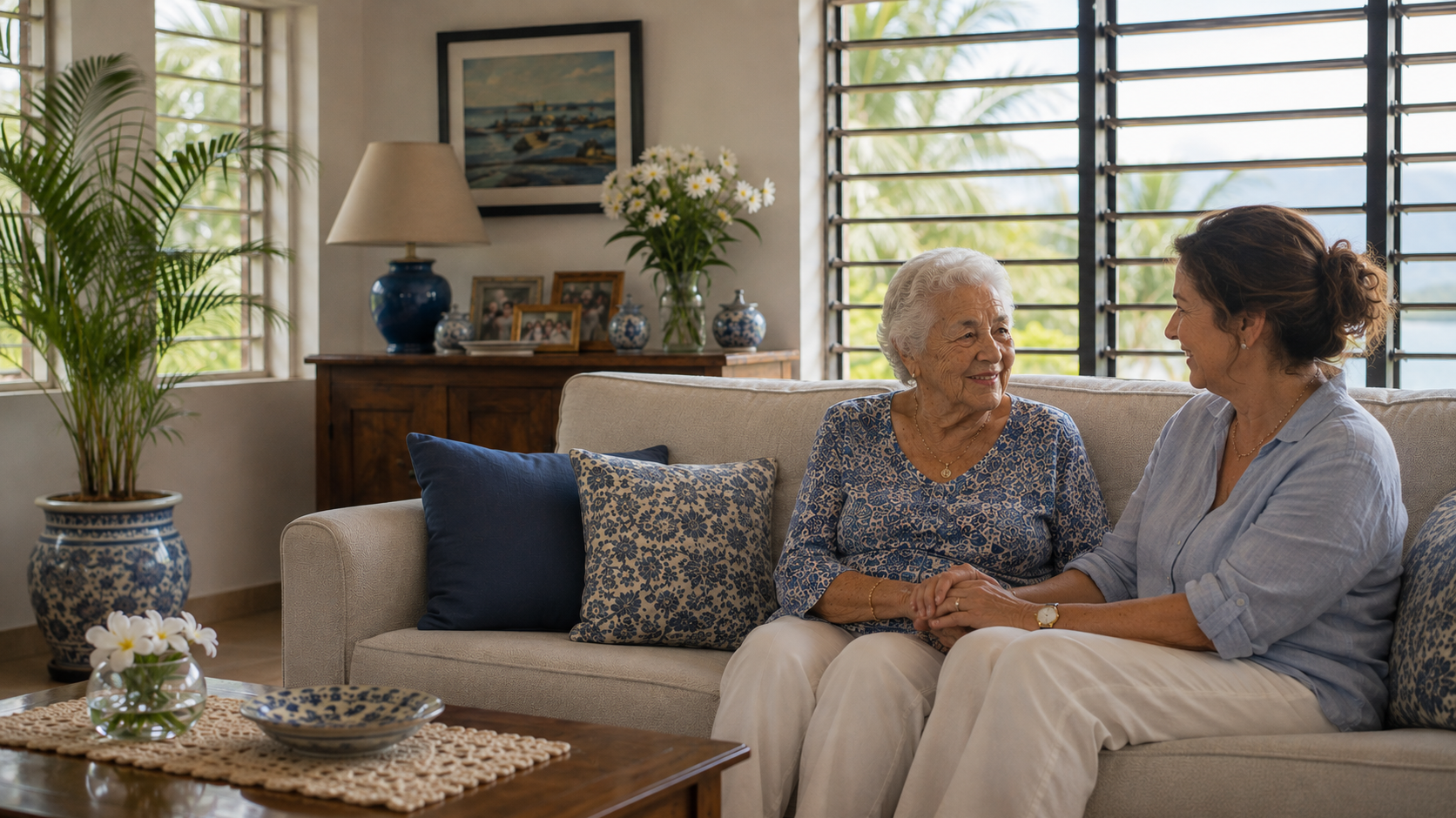 An elderly woman and a middle-aged woman sit on a beige sofa in a living room, holding hands and smiling at each other. The room features a large window with black louvers, a wooden sideboard with family photos and blue-and-white vases, a large potted plant, and a coffee table with a lace tablecloth, a flower vase, and a decorative bowl.