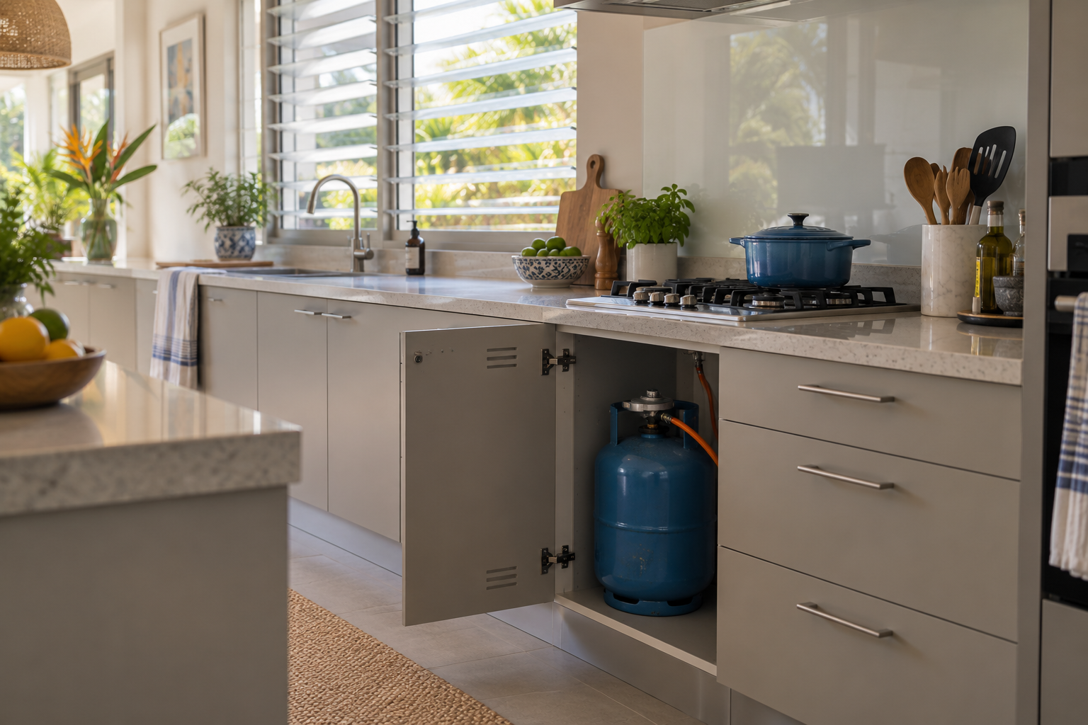 A gas cylinder, hose and regulator in a Mauritian kitchen