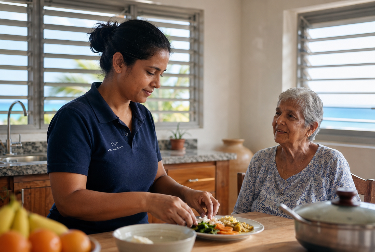 A live-in carer preparing a meal at home while chatting with an elderly woman in Mauritius