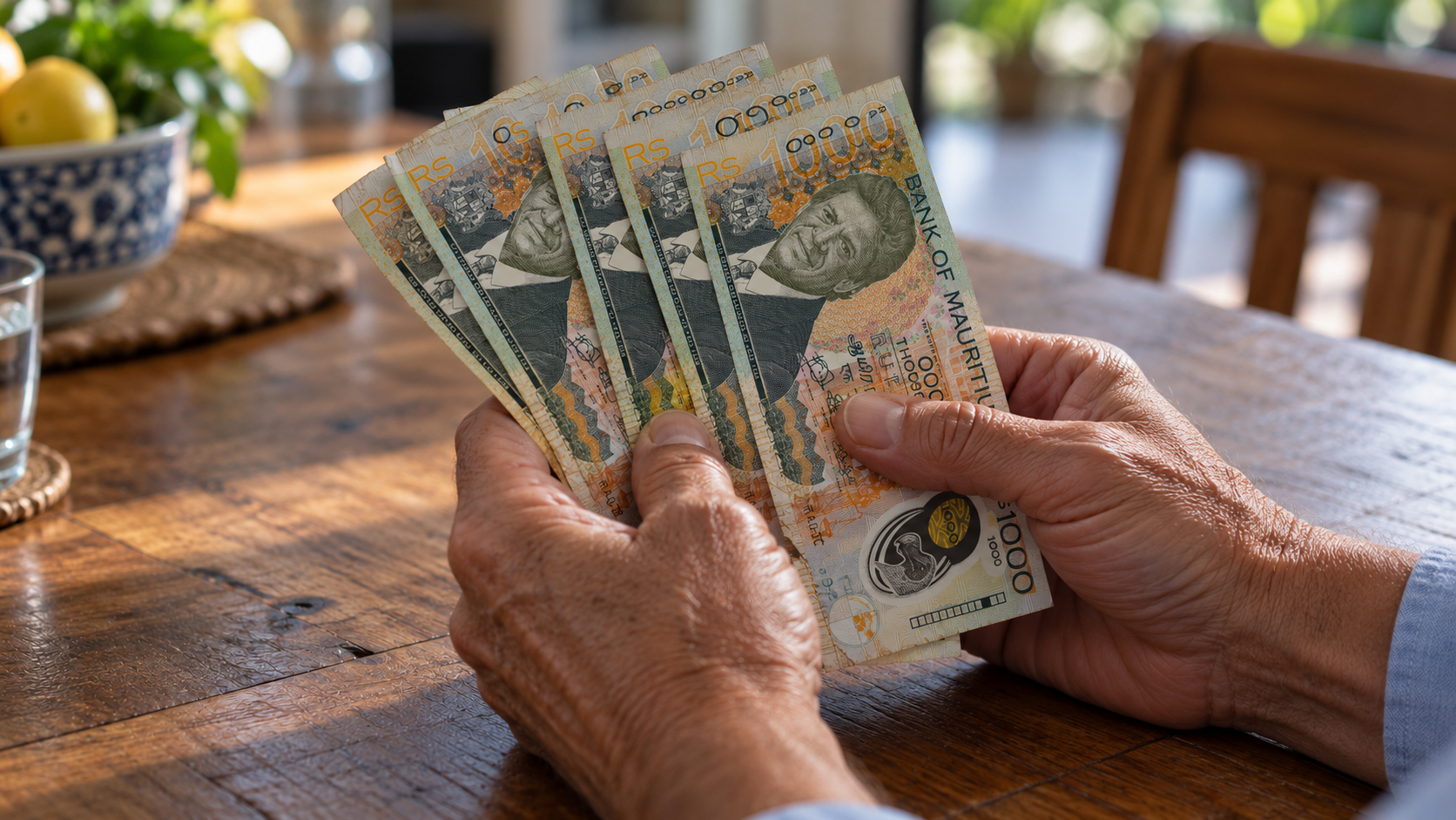 Hands holding a fan of Mauritian rupee notes above a table