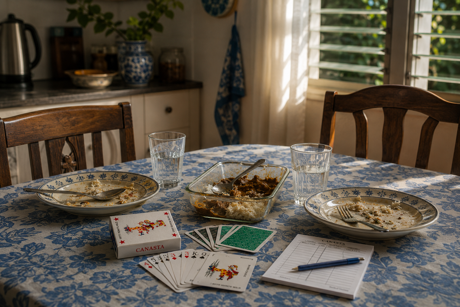A kitchen table set for two after a shared meal, canasta cards, in a Mauritian home