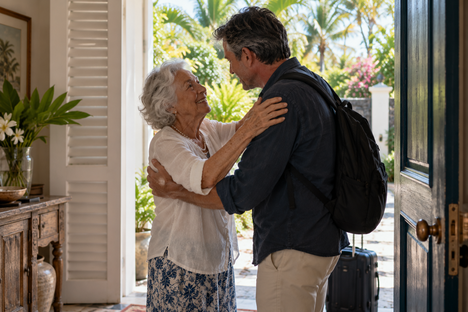 n elderly woman greeting her adult son at her door in Mauritius as he arrives from abroad
