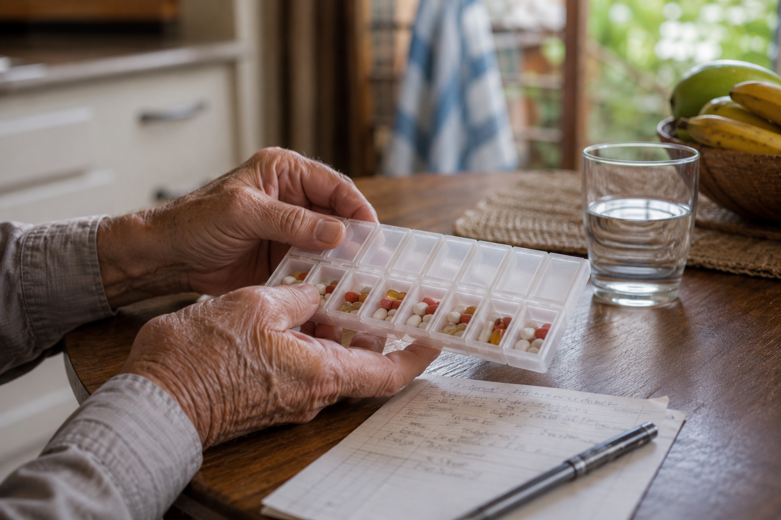An elderly man's hands filling a weekly pill organiser at the kitchen table, with a medication chart and glass of water