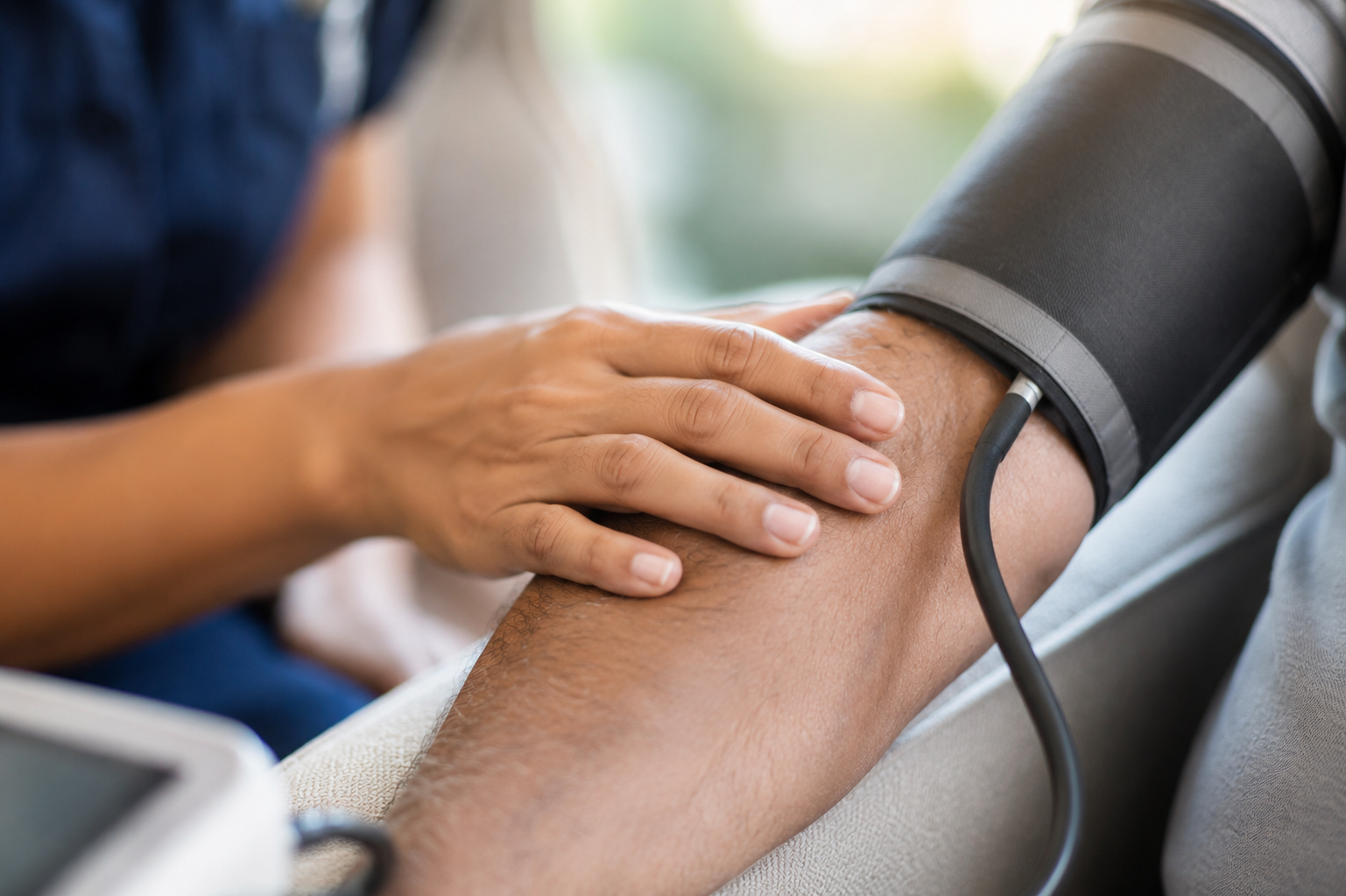 A carer checking an older person's blood pressure