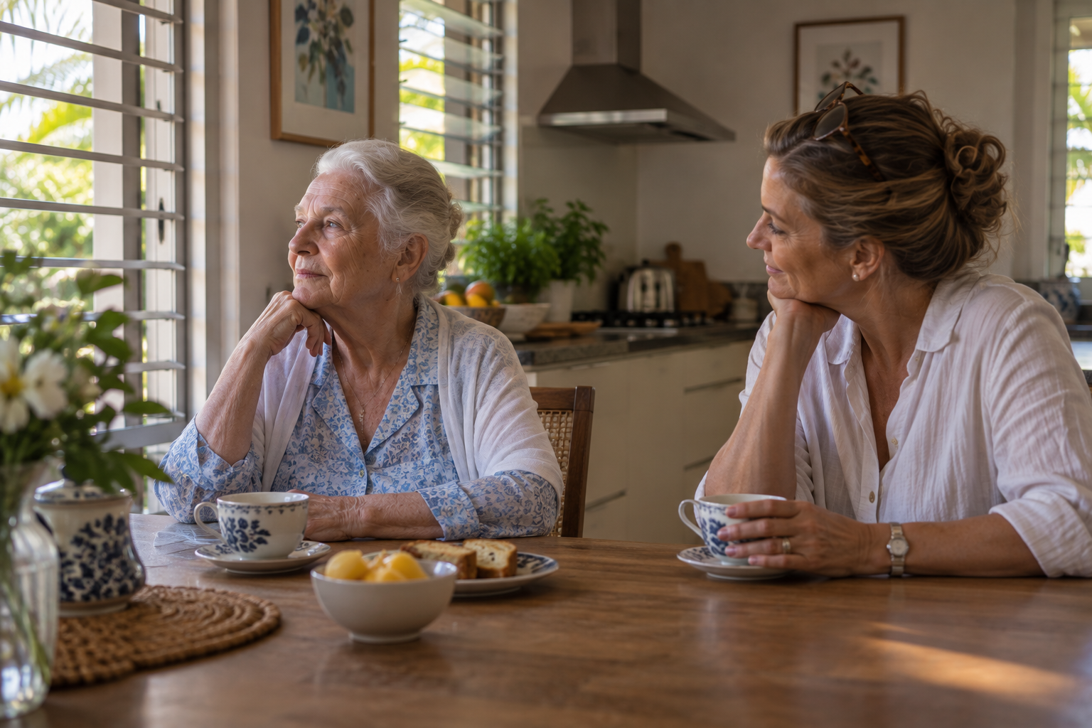 An elderly woman looking away while her adult daughter tries to talk to her at the kitchen table