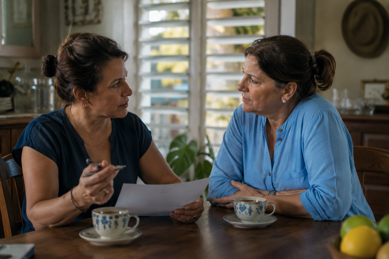 Two women talking across a kitchen table, one holding a printed list of questions, in a Mauritian home