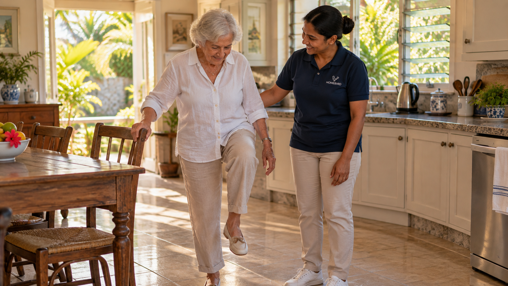 An elderly woman practising a balance exercise at her kitchen counter with a carer beside her