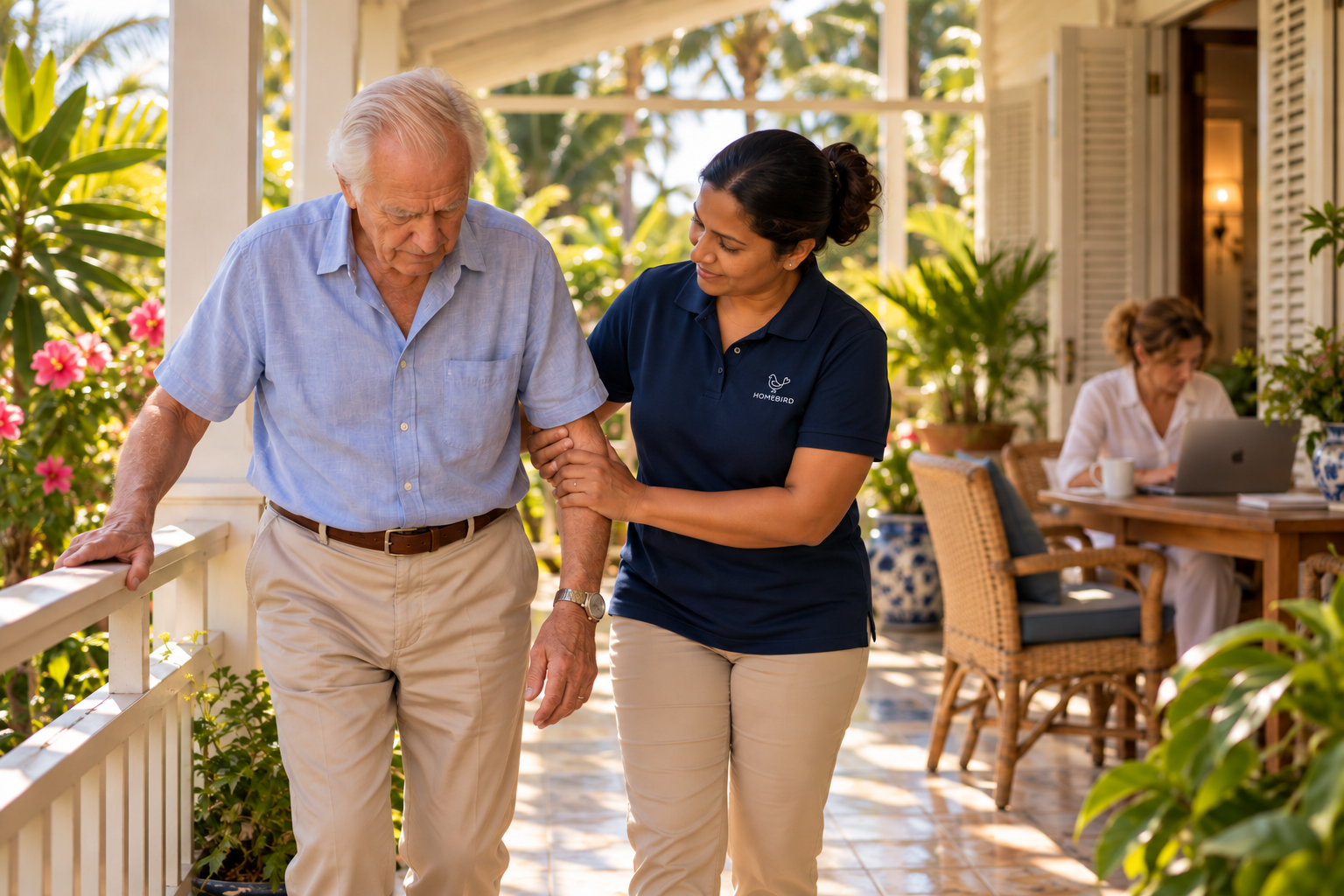 A carer helping an elderly man walk along a verandah while his daughter works in the background