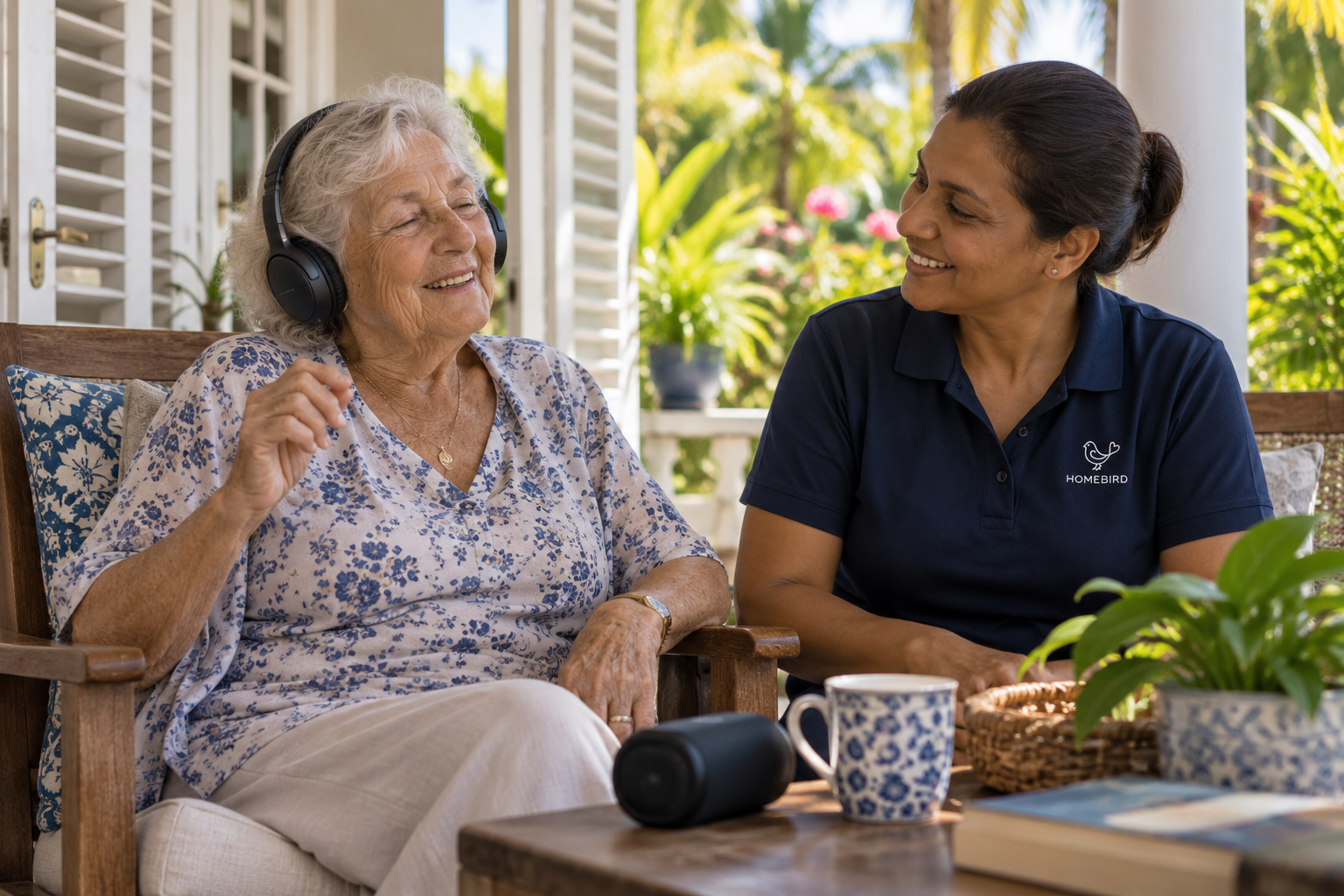 An elderly woman and Homebird carer listening to familiar music together on a Mauritian verandah