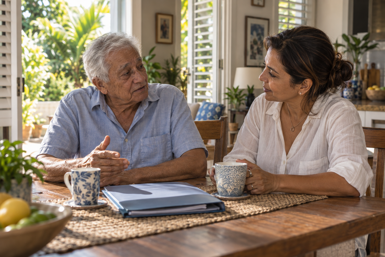 An older man and his daughter talking at home after a stroke in Mauritius