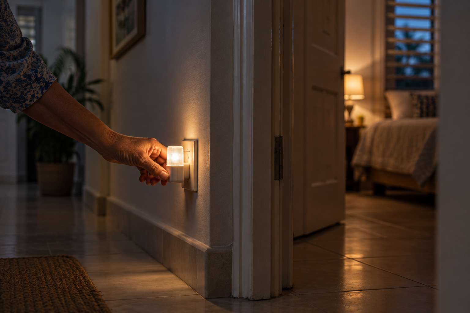 A hand switching on a night light in the hallway of a Mauritian home at dusk