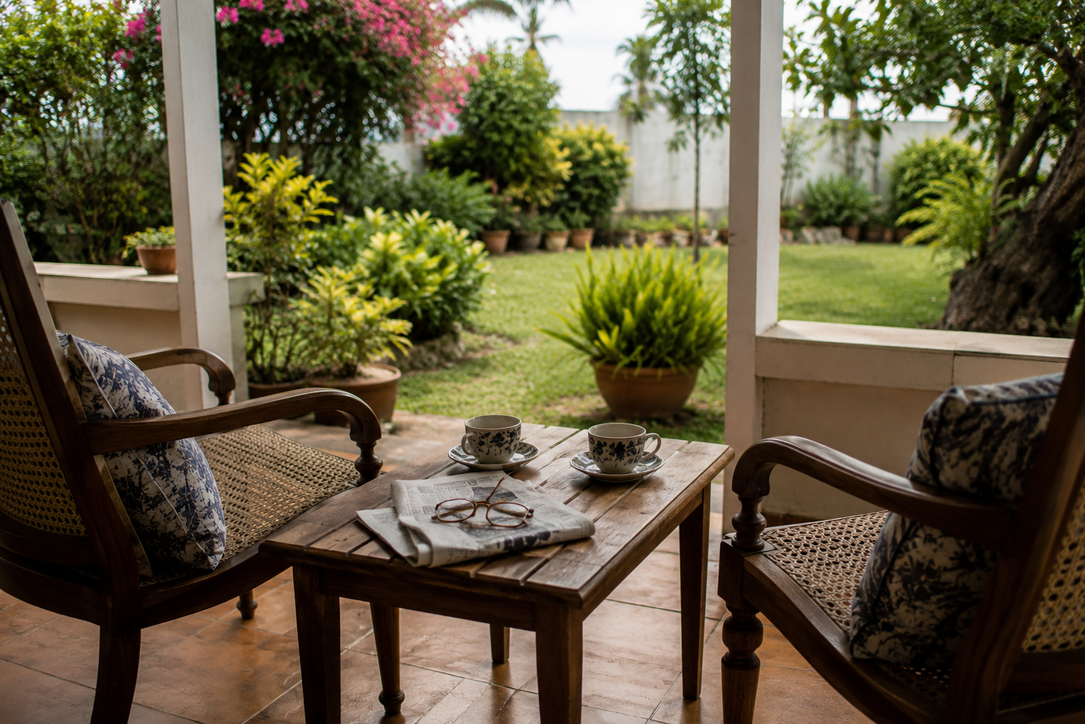Two chairs and two cups on a verandah in Mauritius, set out for company