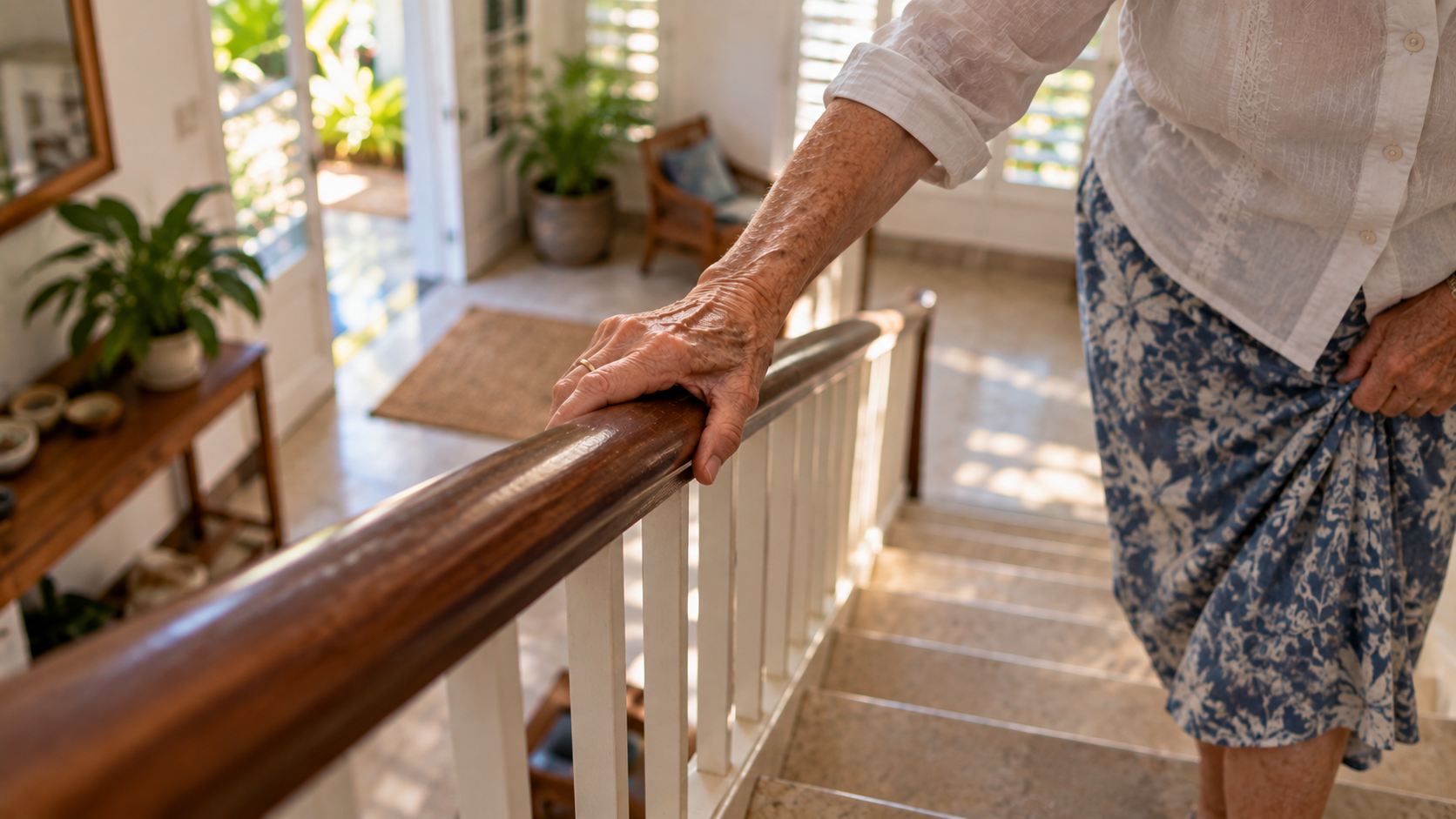 An elderly woman's hand resting on the banister at the top of a polished staircase