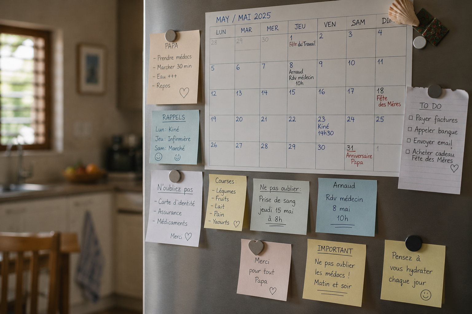 A fridge covered in handwritten reminder notes and a calendar in French, a common early coping strategy for memory problems