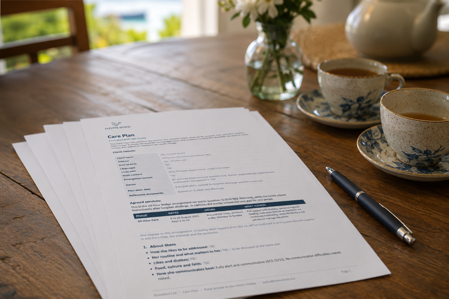 A printed care plan and a pen on a table beside two cups of tea