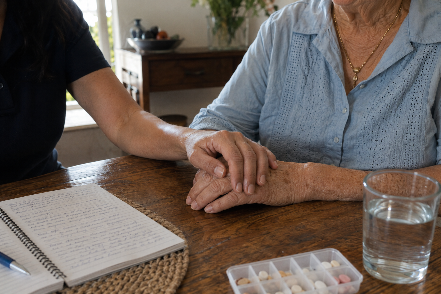 A daughter's hand resting on her elderly mother's hand beside a notebook and pill organiser