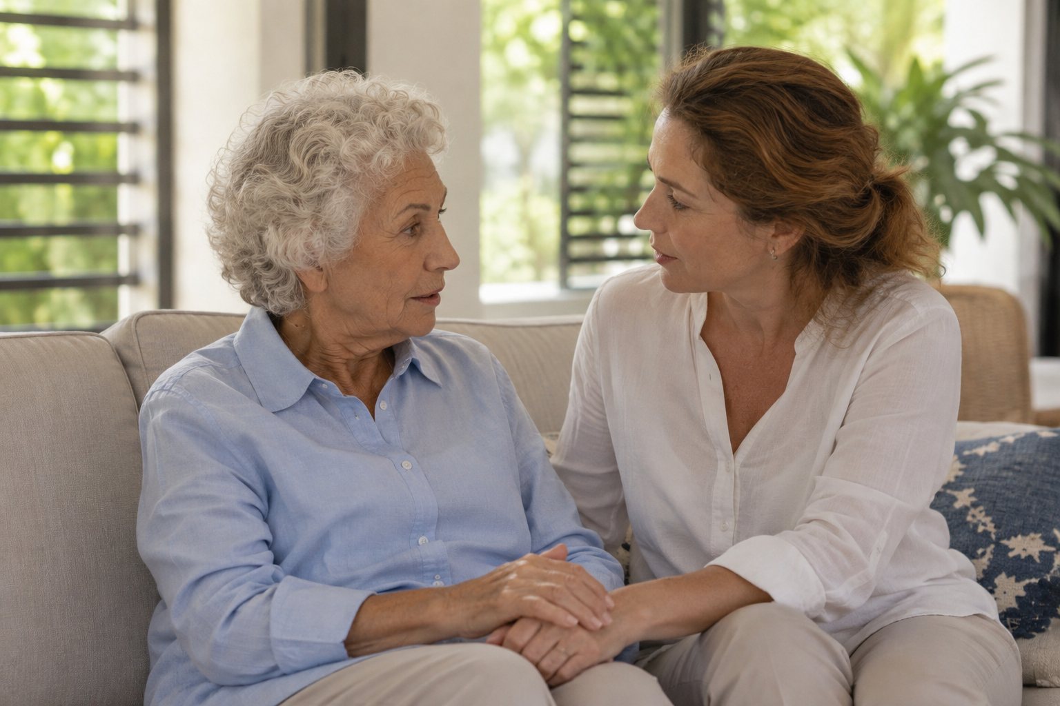 An adult daughter holding her elderly mother's hand during a gentle conversation at home in Mauritius