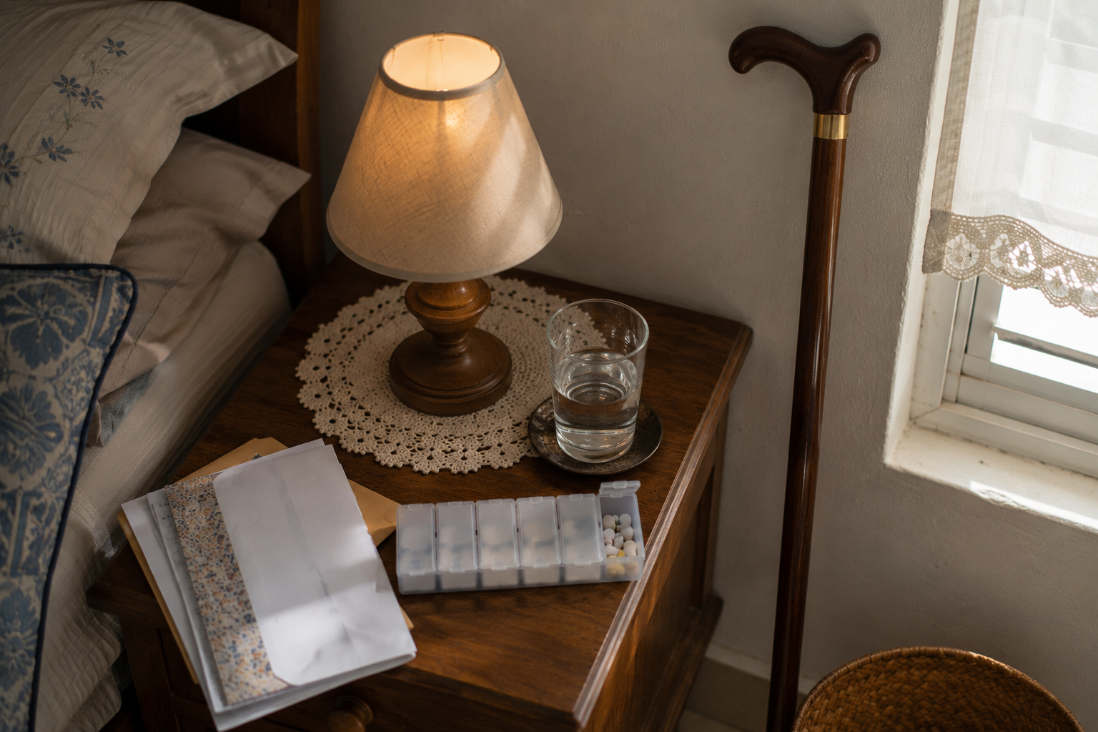 A lit bedside table with a walking stick and a pill organiser with one compartment still full