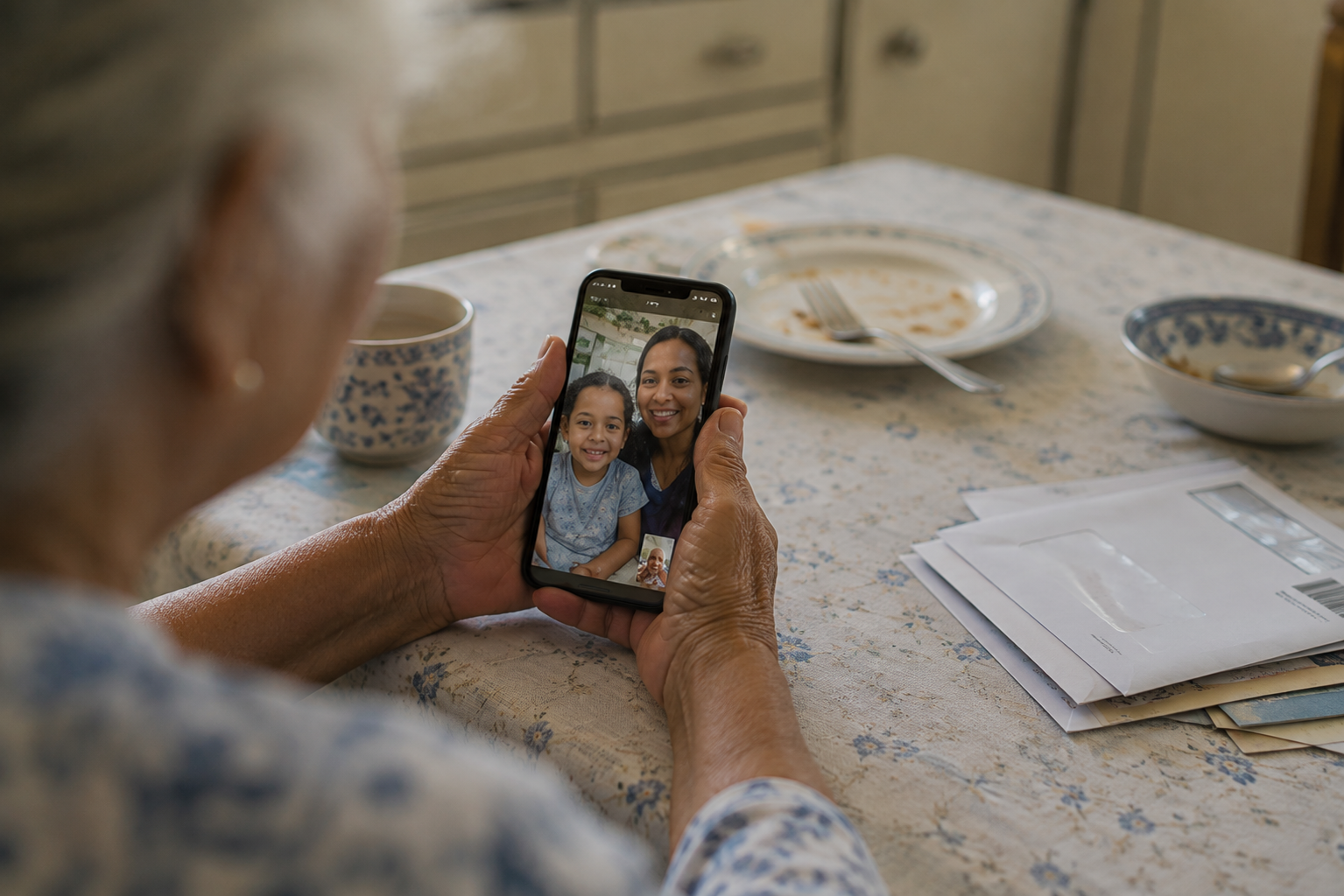 A phone held up on a kitchen table by elderly hands during a video call, beside cold tea and unopened post