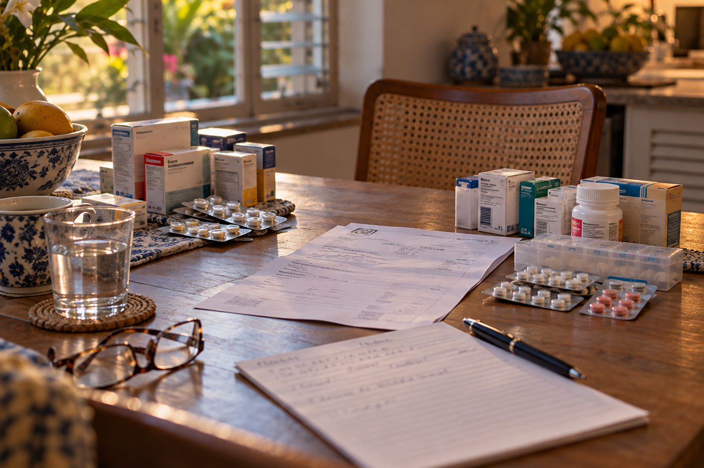 Medicine boxes from home and from hospital sorted on a kitchen table beside a discharge sheet
