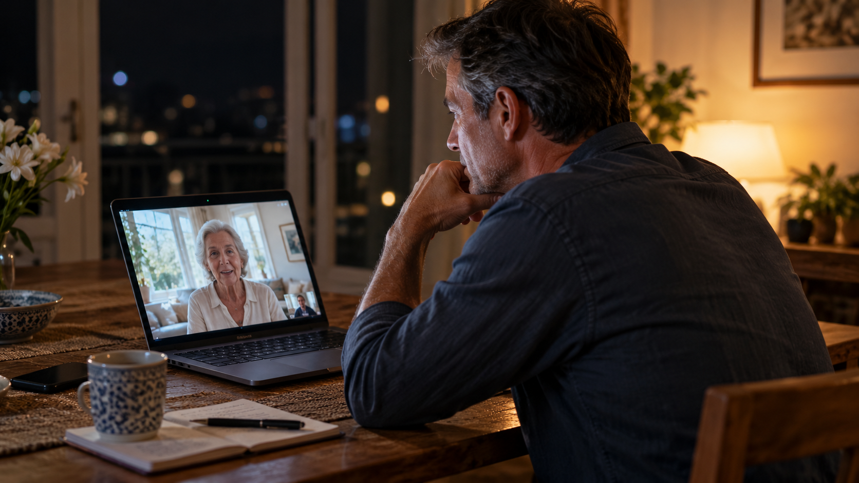 A man abroad on a late evening video call with his elderly mother in Mauritius