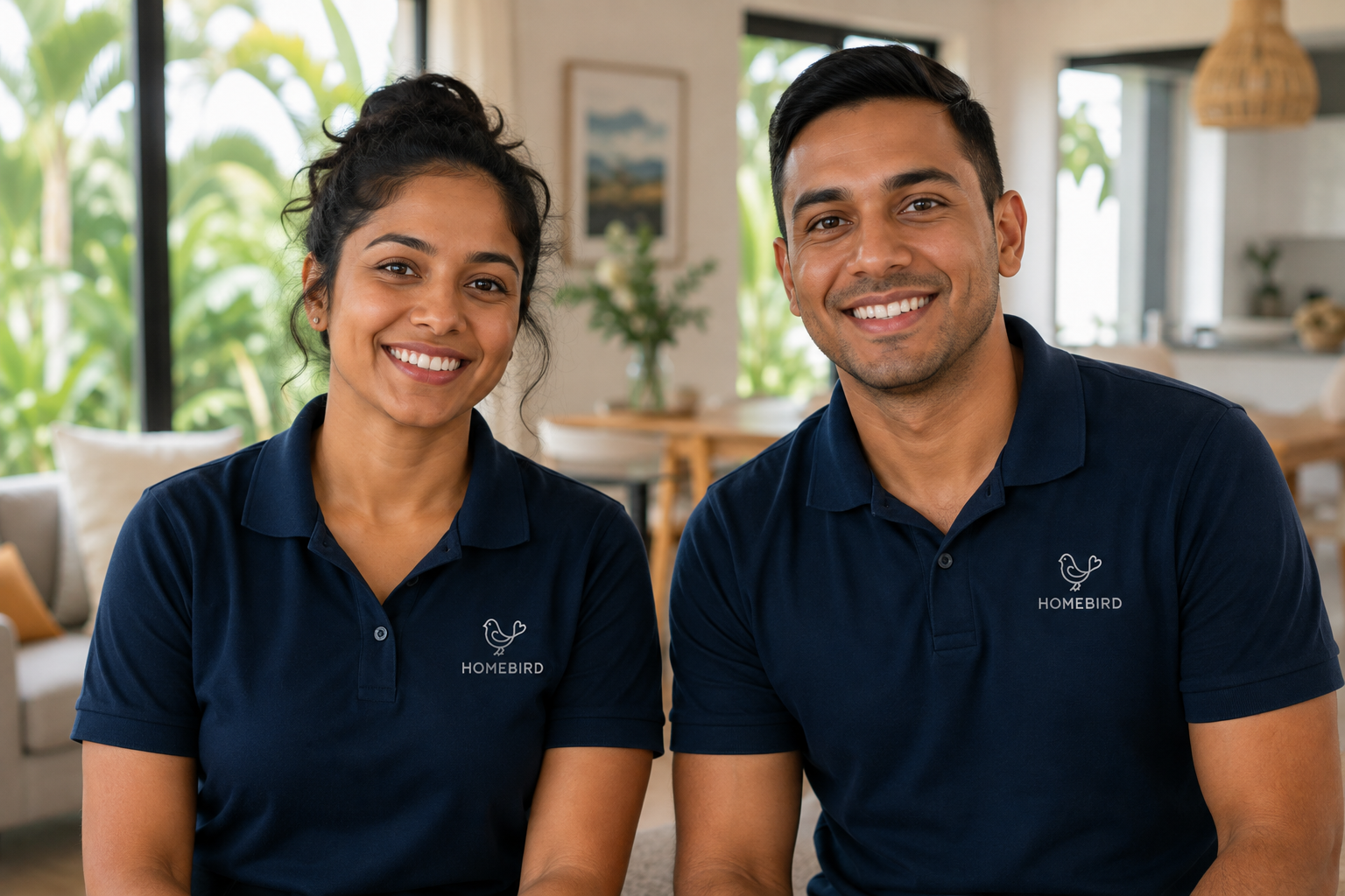 Two homebird carers facing the camera inside a mauritian home