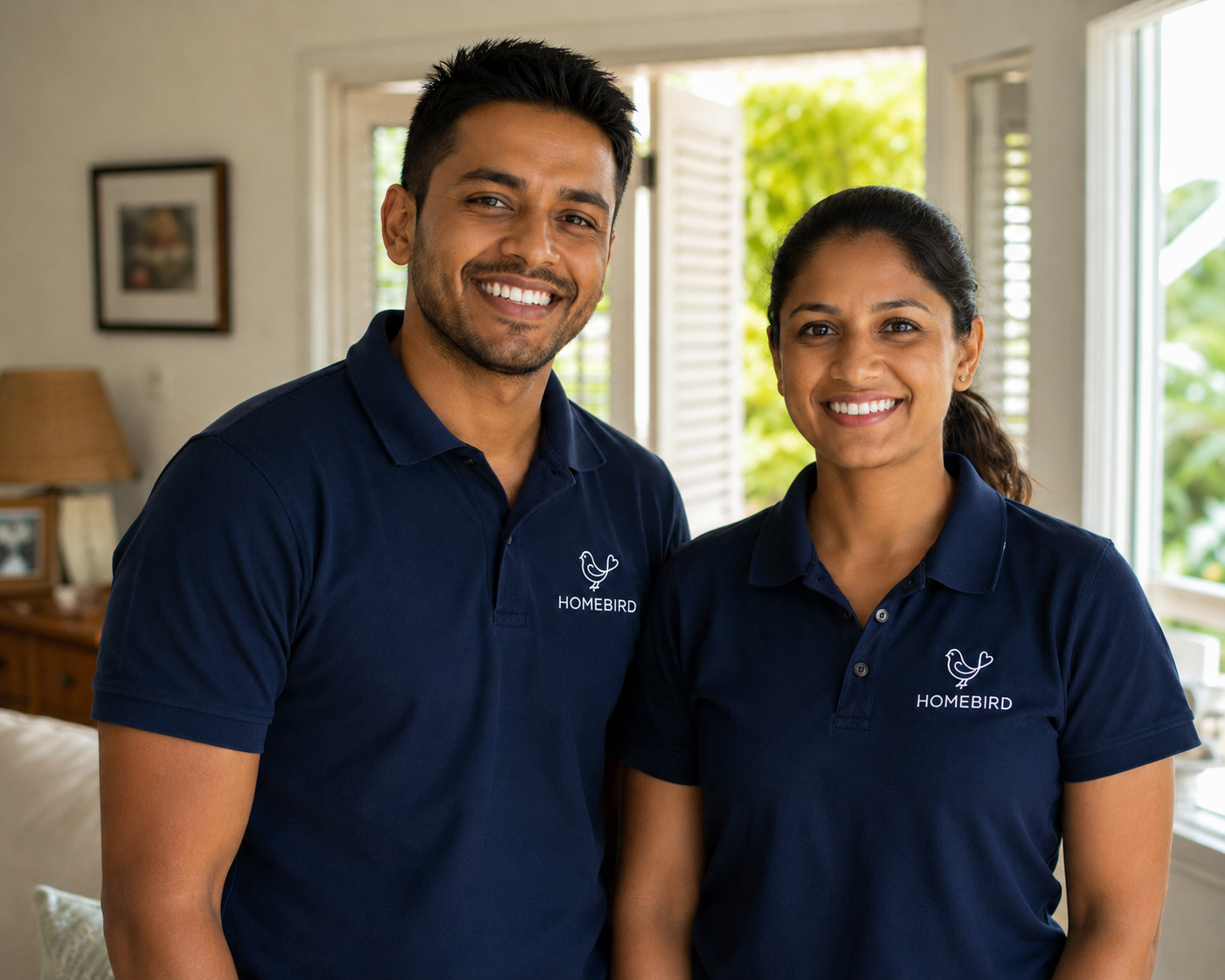 Homebird carers facing the camera indoors Mauritius