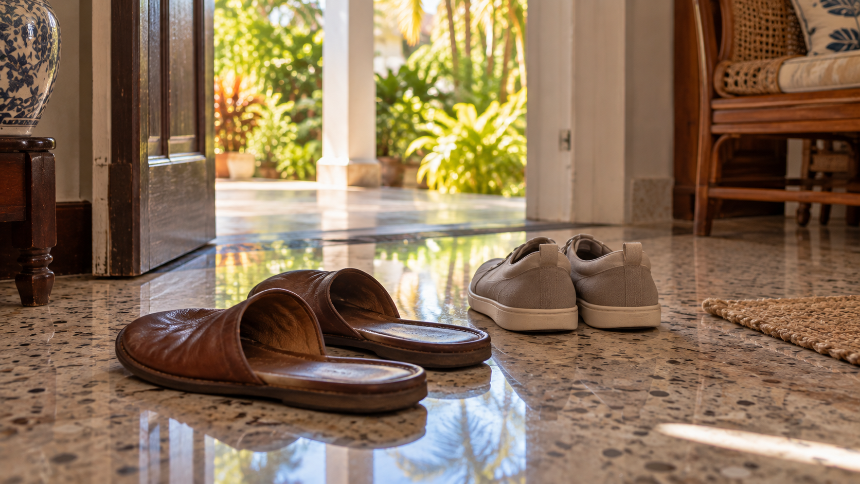 Backless house slippers beside a pair of closed shoes on a polished floor in a Mauritian home
