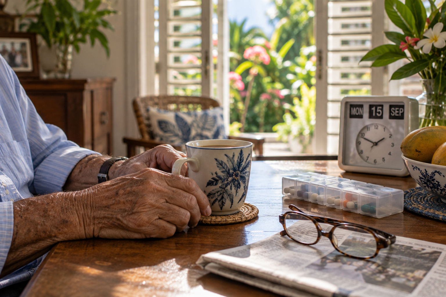 Familiar morning objects arranged on a table to support routine for a person with Alzheimer’s