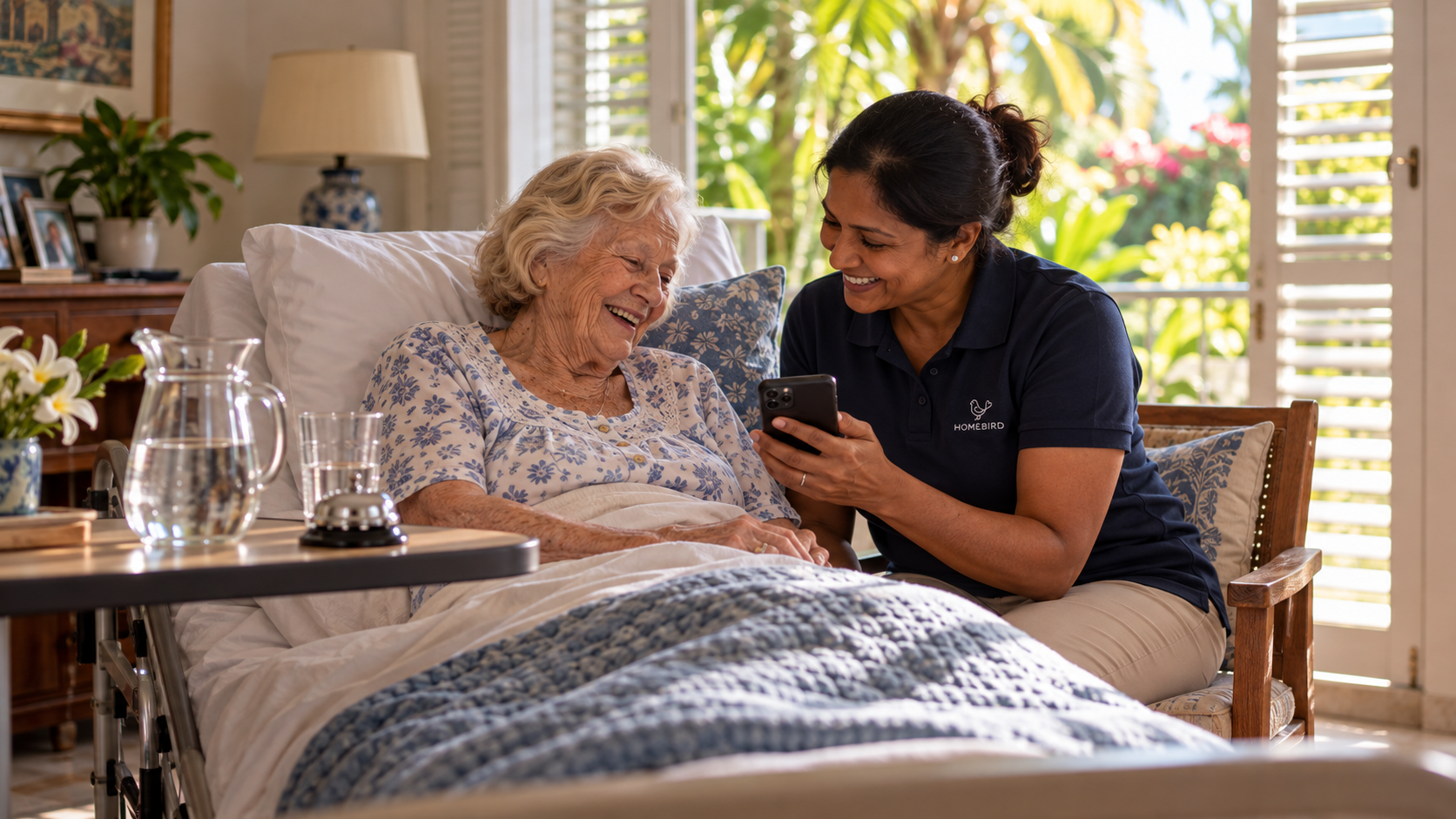 An elderly woman sitting up in bed by a window, laughing with her carer beside her