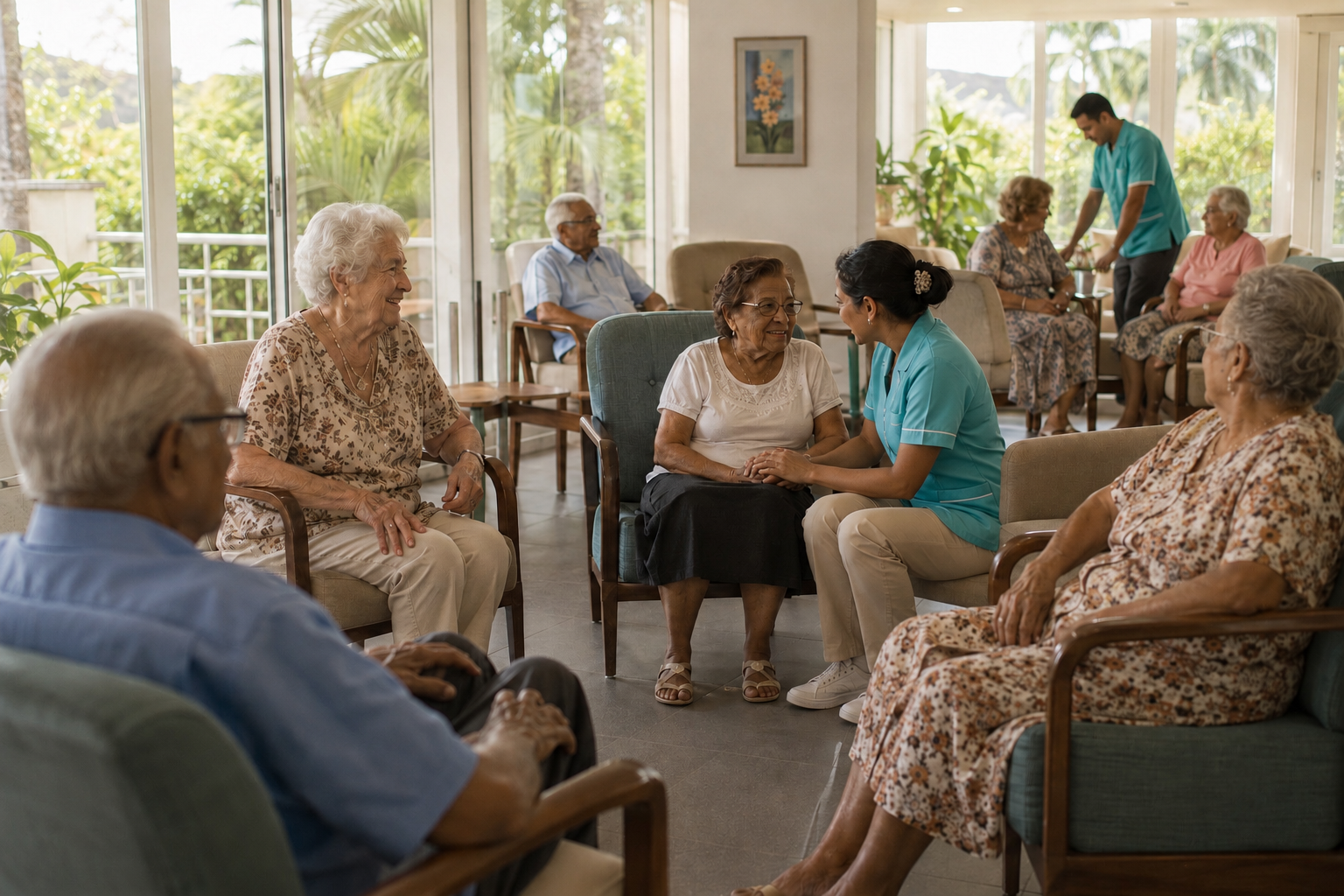 A bright communal lounge in a residential care home with elderly residents and a staff member in Mauritius
