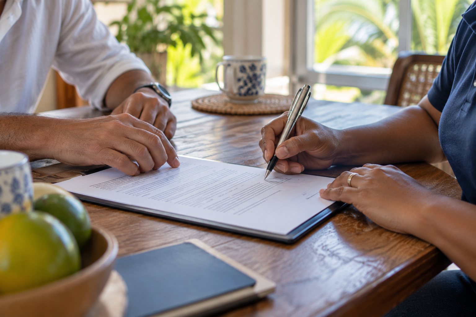 A carer reviewing a written work agreement, one of her rights as a worker in Mauritius