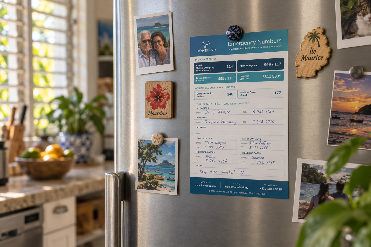 A Homebird magnet holding an emergency contact sheet on a family fridge in Mauritius