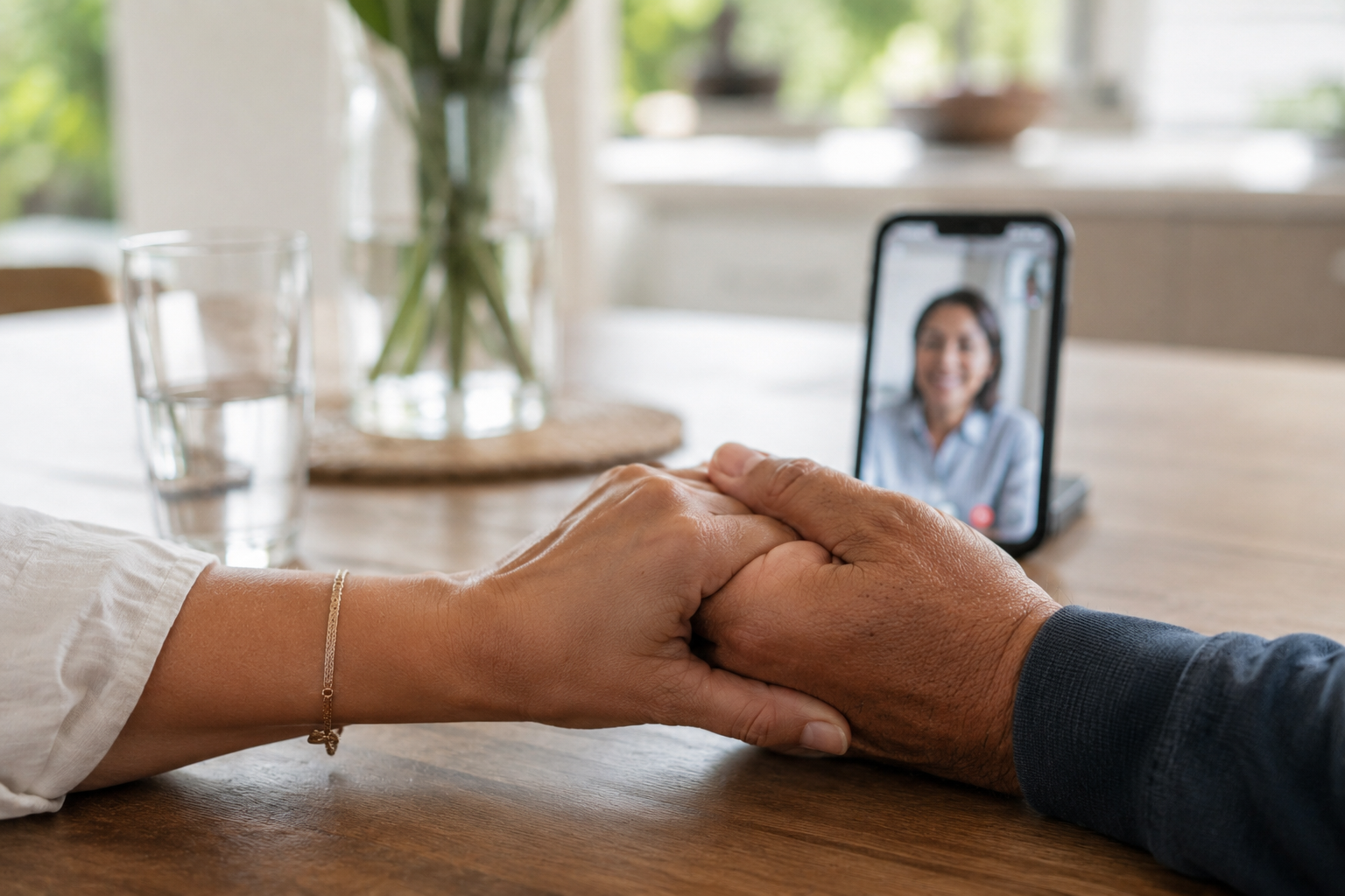 Two family members' hands clasped together on a table, with a video call visible in the background