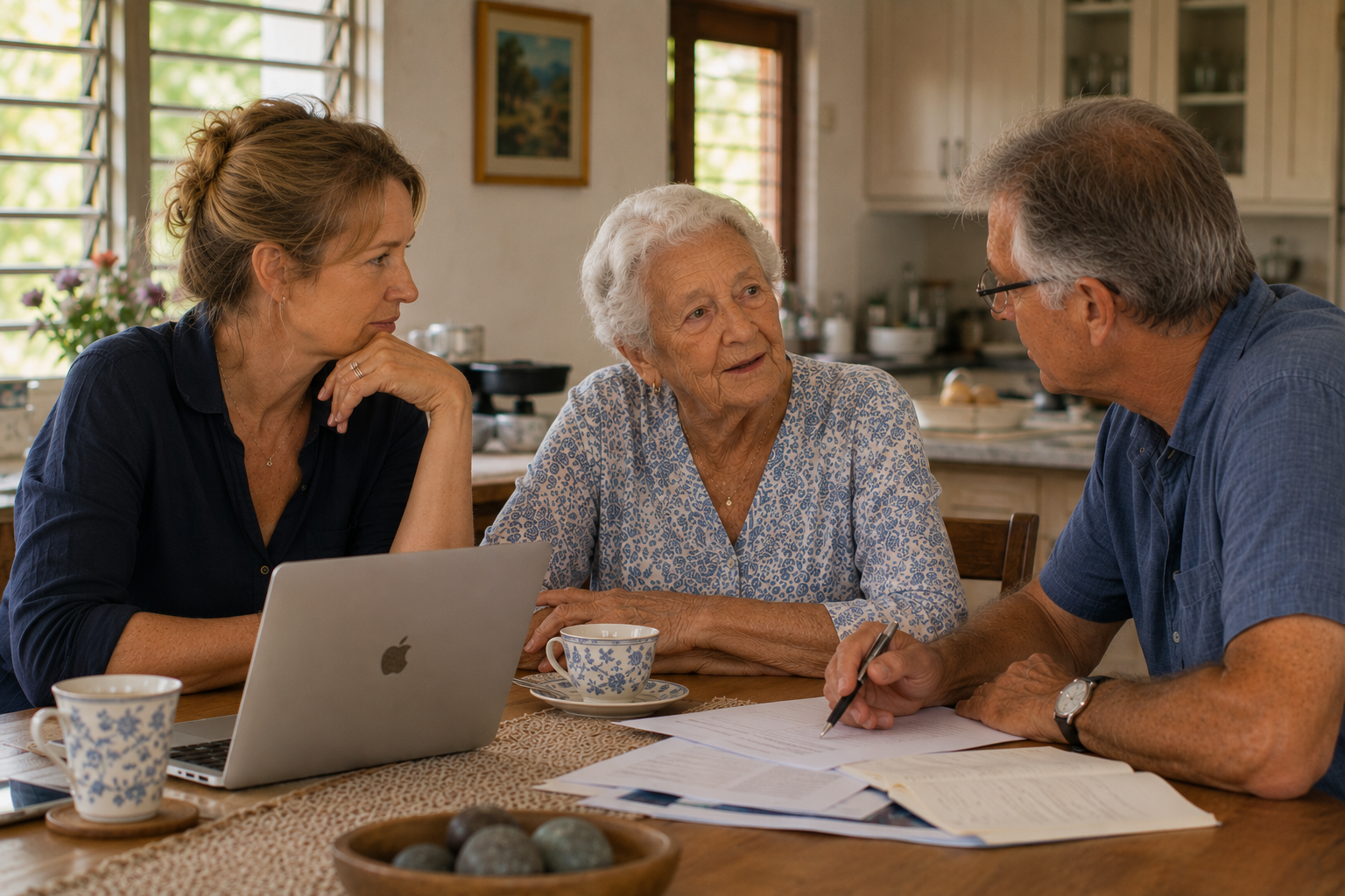 An adult family discussing care options for an elderly parent around the kitchen table