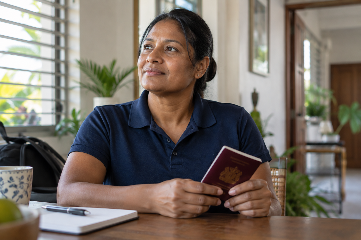 A carer in Mauritius holding her own passport, a symbol of her rights as a worker