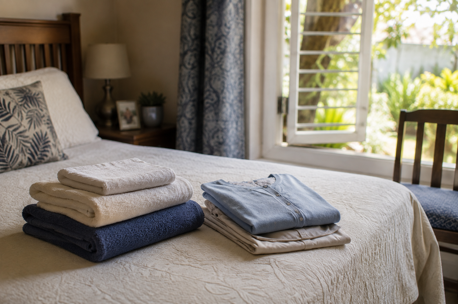 Folded towels and clean clothes laid out on a bed in a Mauritian bedroom