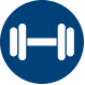 White dumbbell icon on a blue circular background