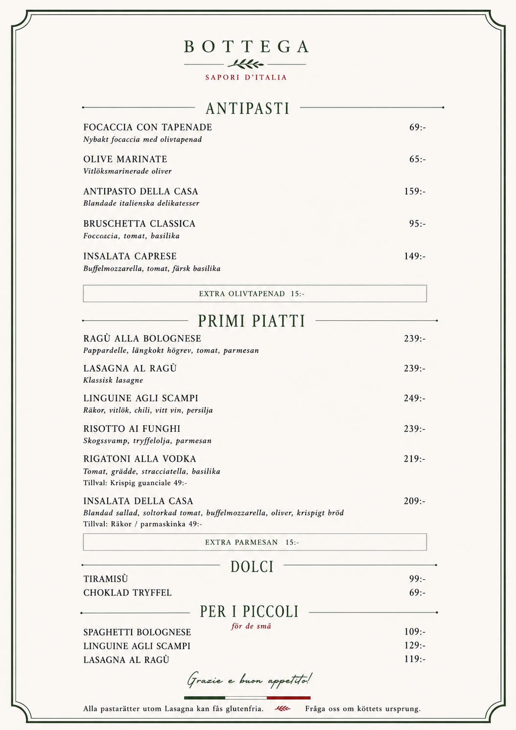 Matmeny från Bottega, en italiensk restaurang, med sektioner för antipasti, förrätter och desserter.