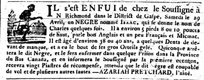Archive d' annonce d'une personne noire appelée Isaac, résidant à Richmond au Canada, avec description de son âge et de son arrestation.
