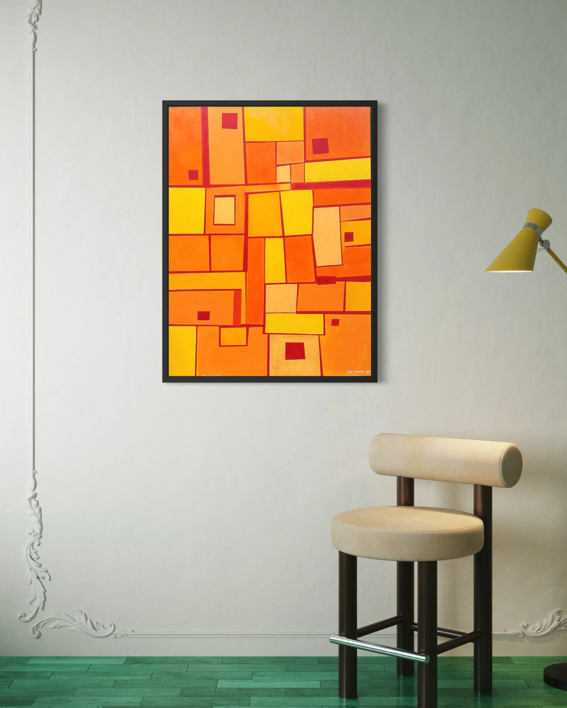 orange and yellow abstract geometric square acrylic painting, Scott Olmstead, 30"x40"