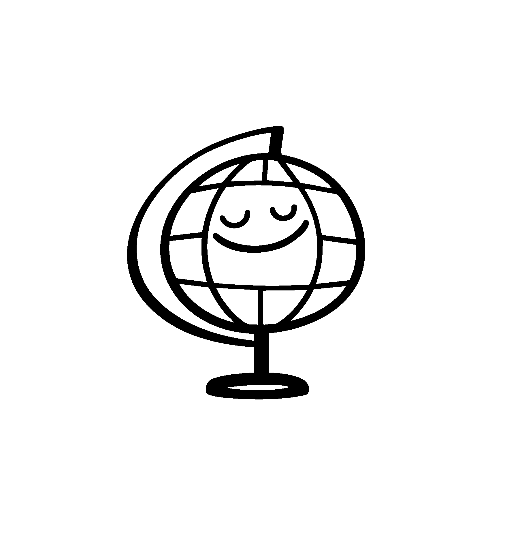 A simple black and white illustration of a happy looking world globe.