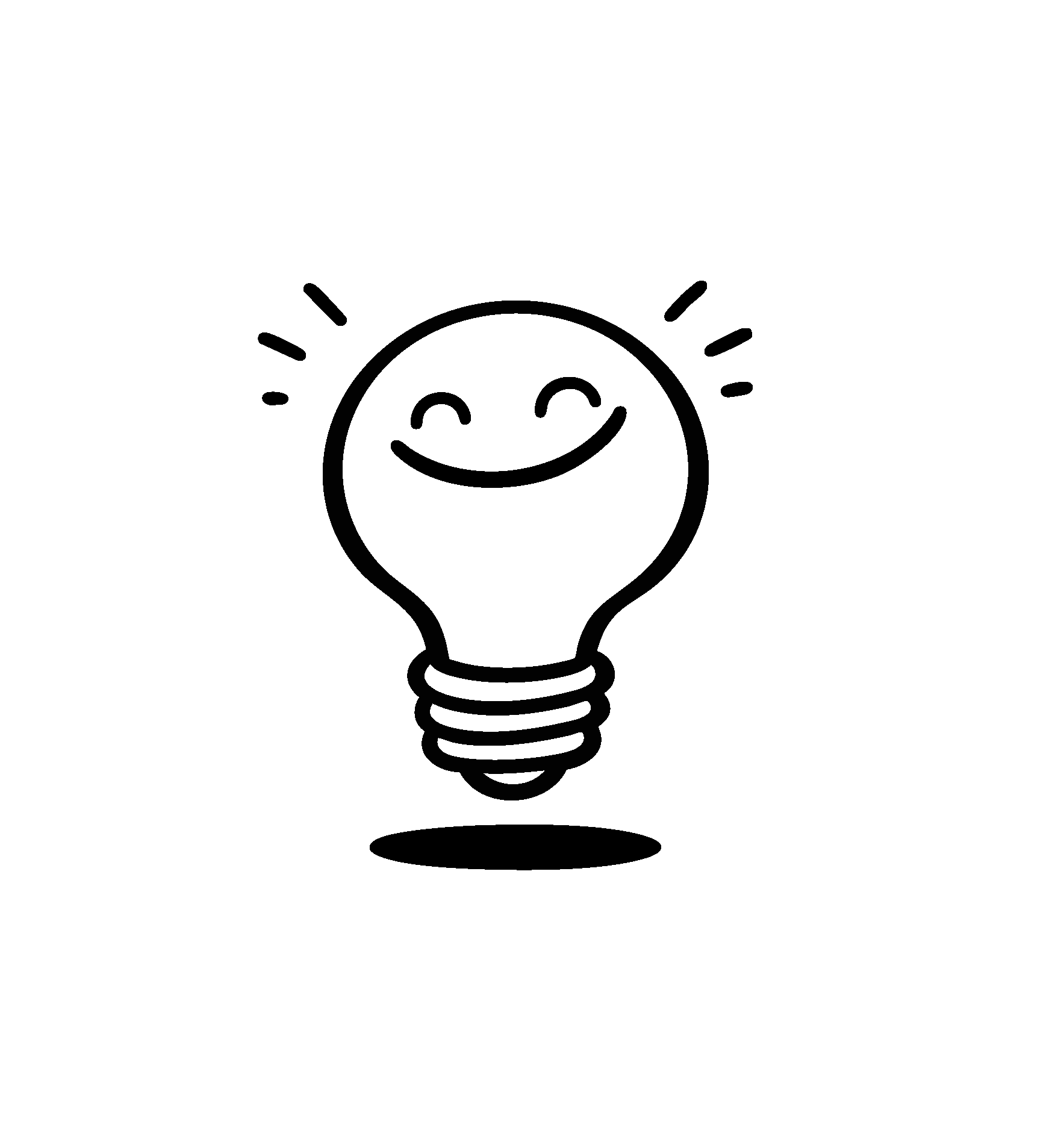 Outline drawing of a light bulb with a happy expression.