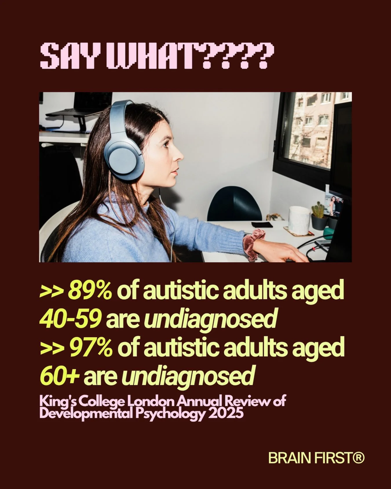 This is a truly shocking stat that tells a story of a lack of access to diagnosis and a lack of understanding of autism in adults (especially women).

Are you shocked by this?

#brainfirst #autism