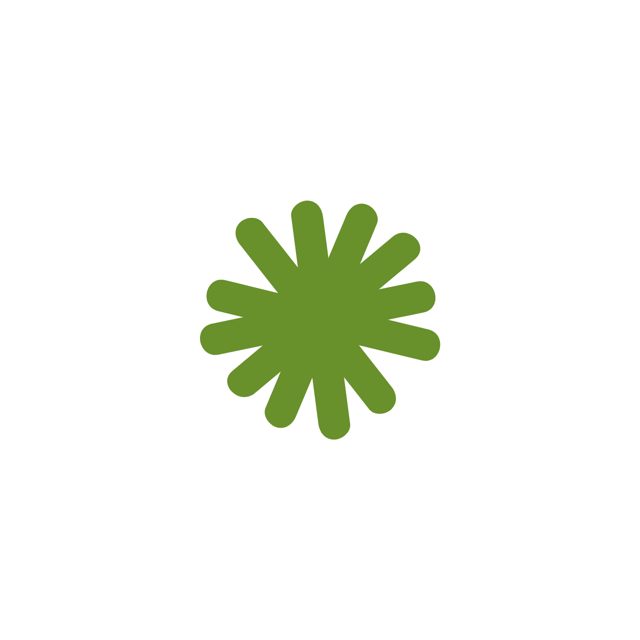 A green, abstract, starburst-shaped object with rounded ends on a white background.