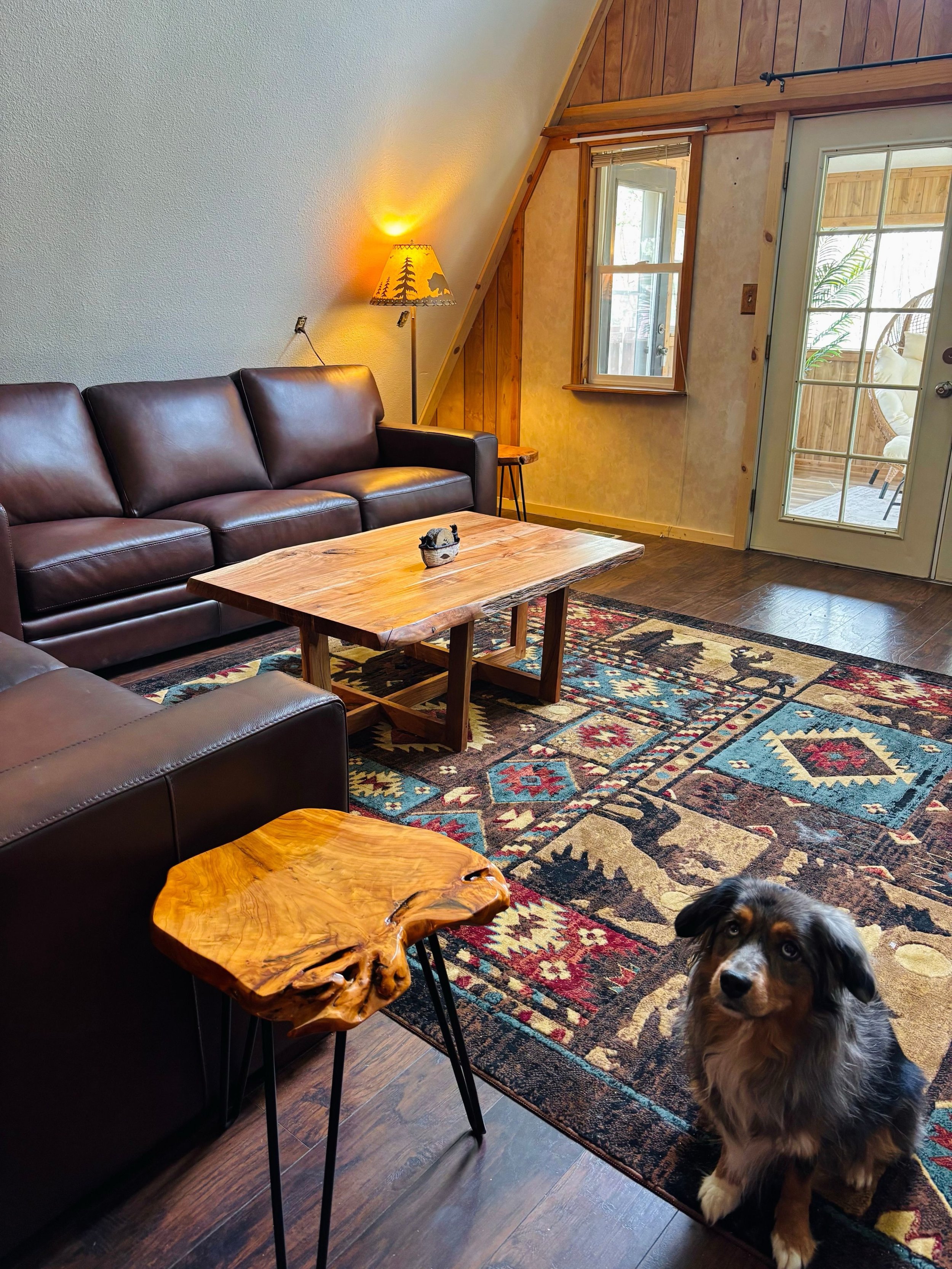 Got our real wood coffee table and end tables in! I think Acadia likes them :) #cabin #colorado #renovation