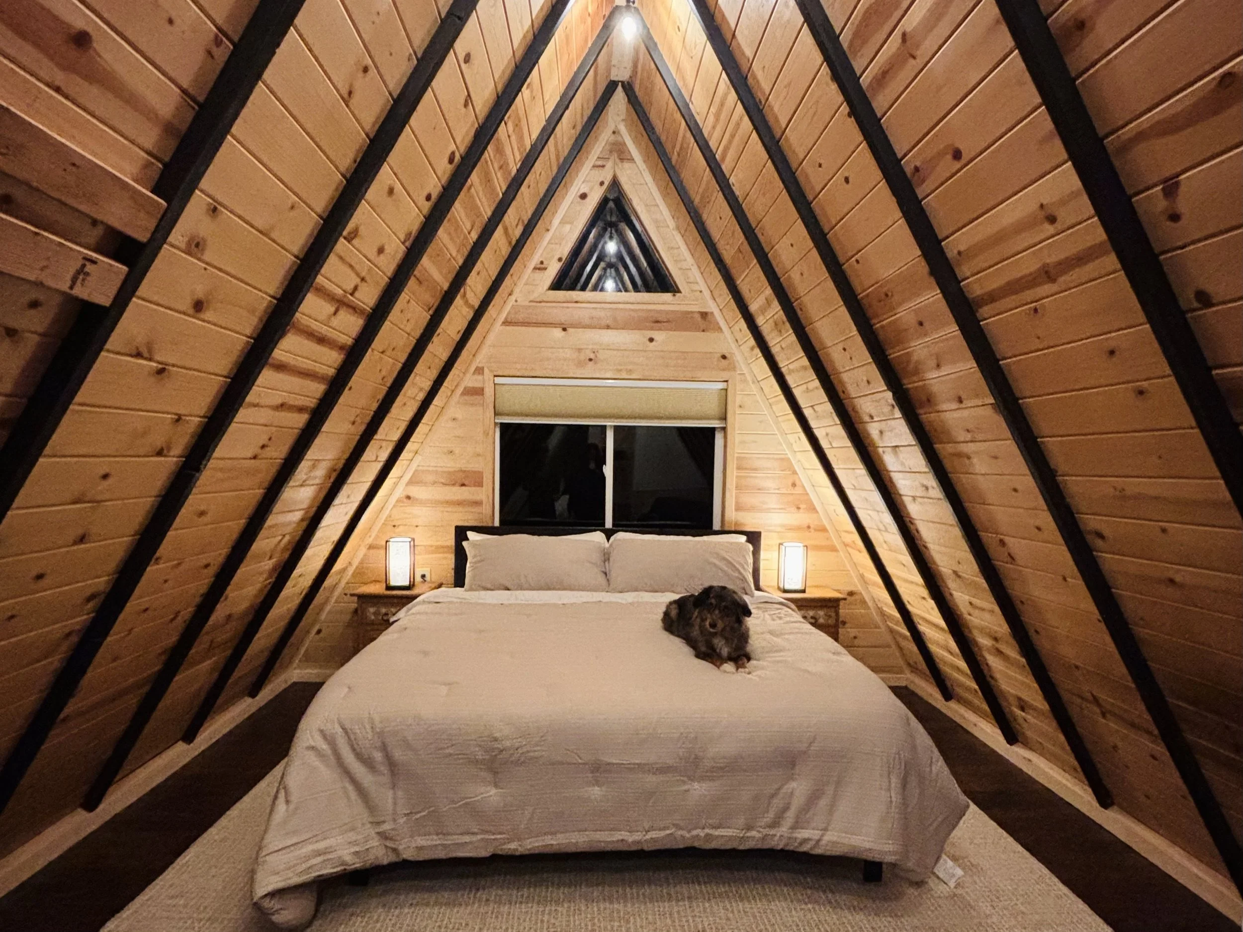 A cozy A-frame bedroom with wooden walls and ceiling, featuring a bed with white bedding, two small bedside lamps, a window behind the bed, and Acadia lying on the bed.