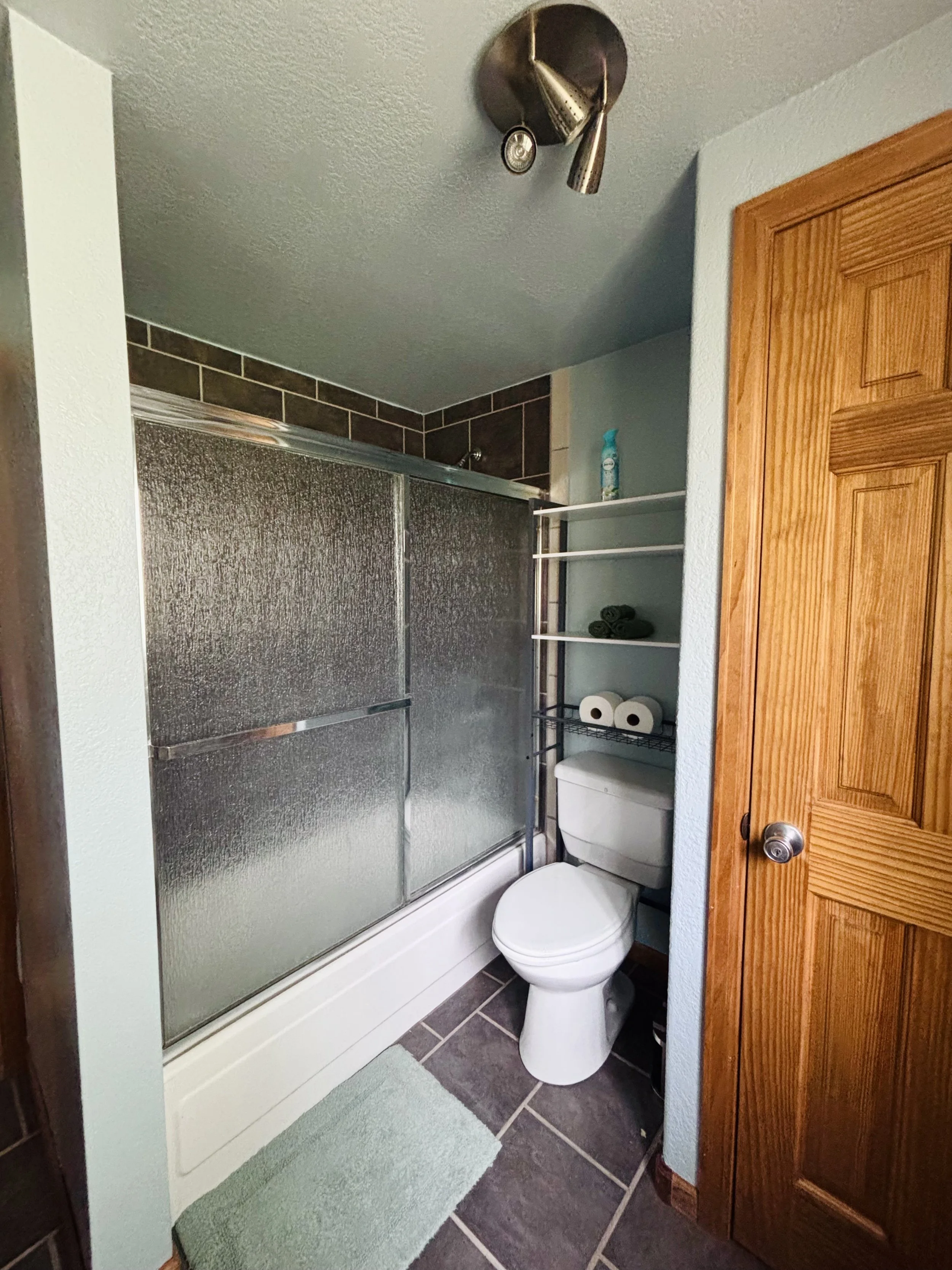 Bathroom with a toilet, closed wooden cabinet, white wall shelving with towels and toilet paper, shaded green bath mat, shower with textured glass sliding door, dark tiled walls, and a ceiling light fixture.