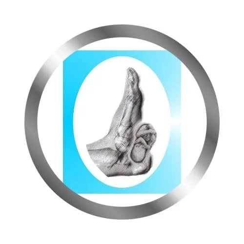 A hand making the 'OK' gesture with the thumb and index finger forming a circle and the other fingers extended, inside an oval shape over a blue background.